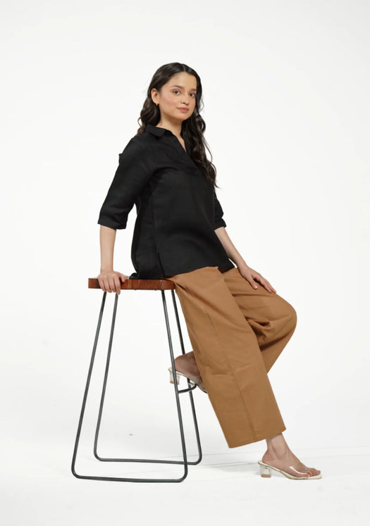 Women Black Pure Linen Collared Shirt Top