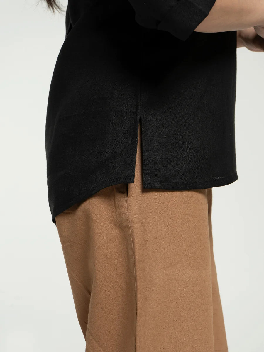 Women Black Pure Linen Collared Shirt Top