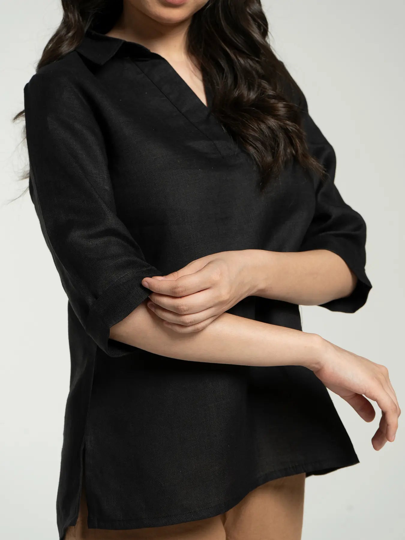 Women Black Pure Linen Collared Shirt Top