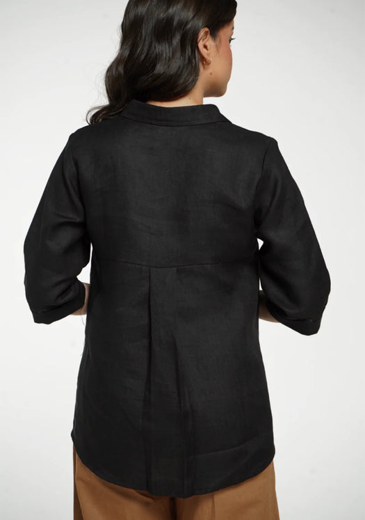 Women Black Pure Linen Collared Shirt Top