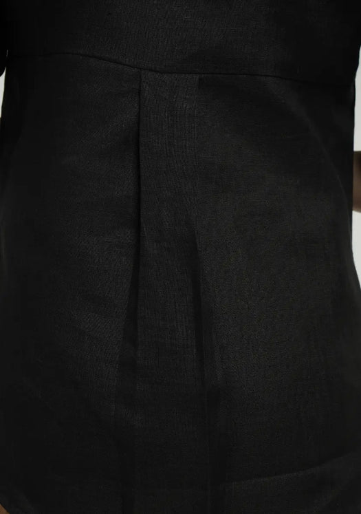 Women Black Pure Linen Collared Shirt Top