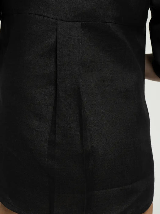 Women Black Pure Linen Collared Shirt Top