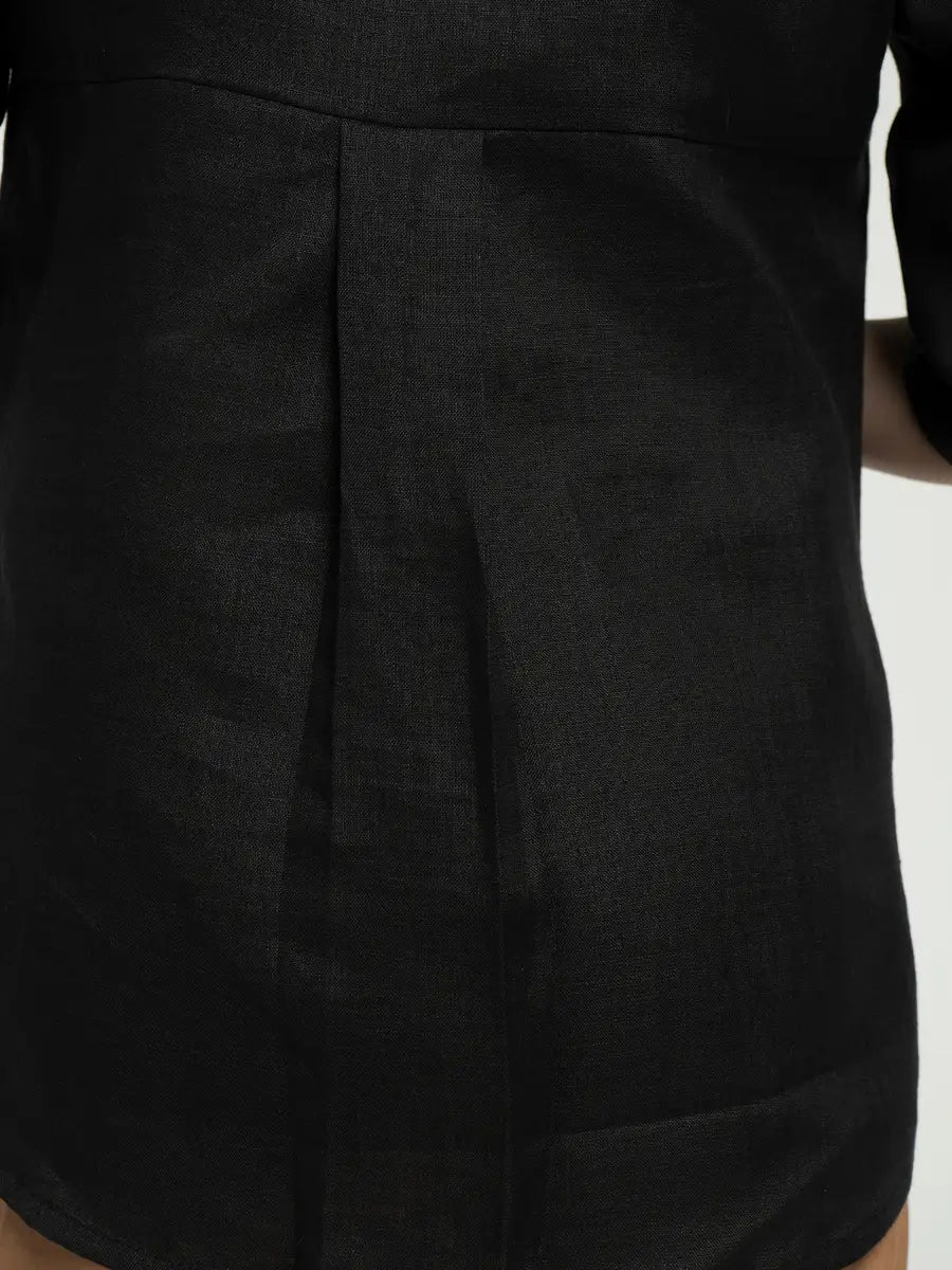 Women Black Pure Linen Collared Shirt Top