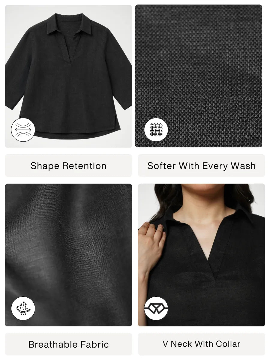 Women Black Pure Linen Collared Shirt Top