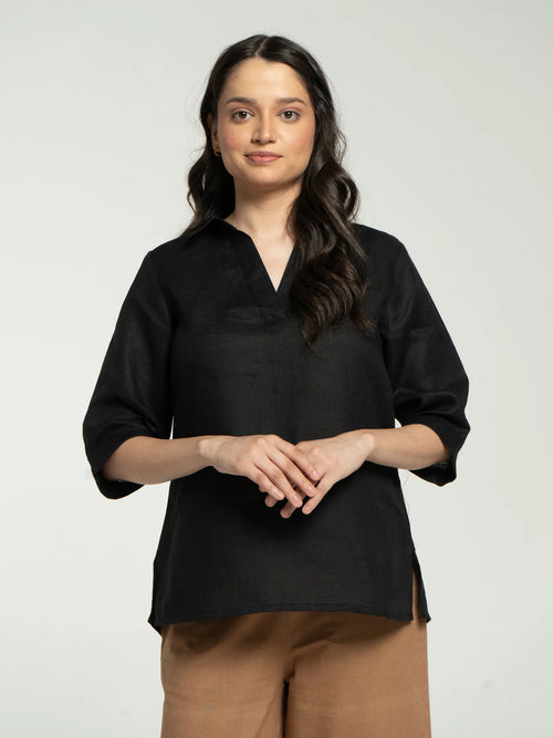 Women Black Pure Linen Collared Shirt Top