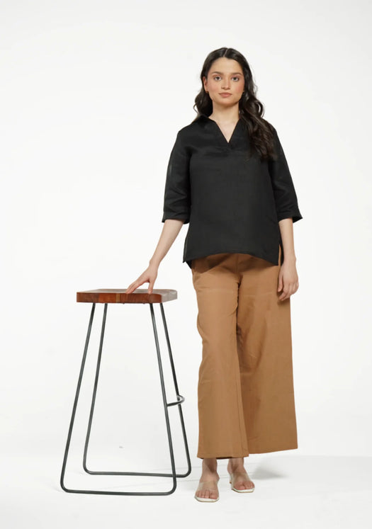 Women Black Pure Linen Collared Shirt Top