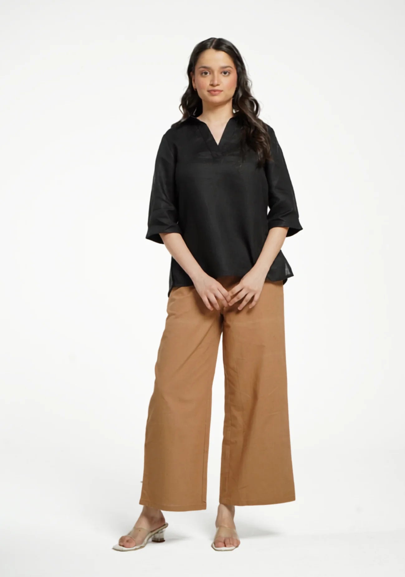 Women Black Pure Linen Collared Shirt Top