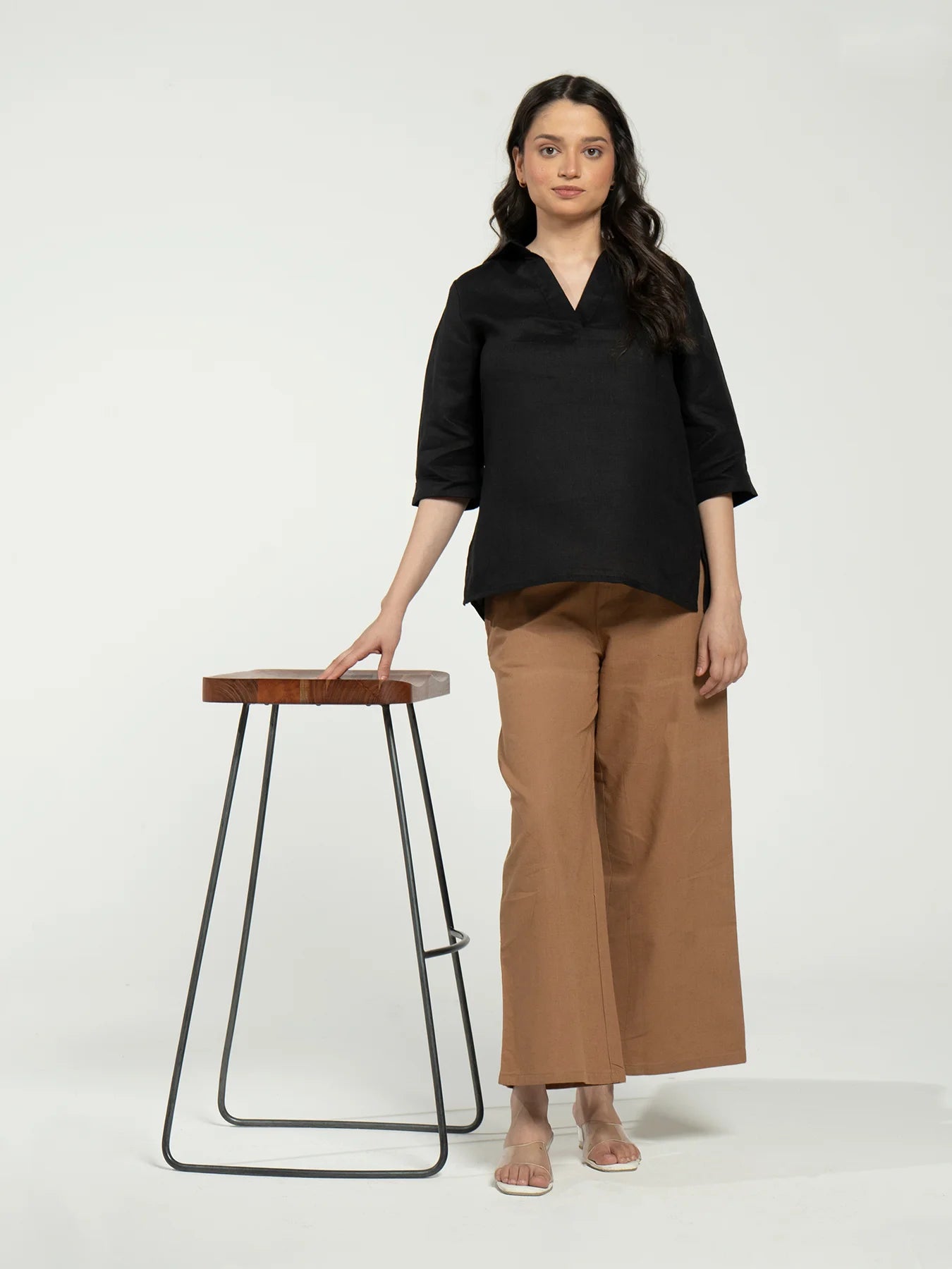 Women Black Pure Linen Collared Shirt Top