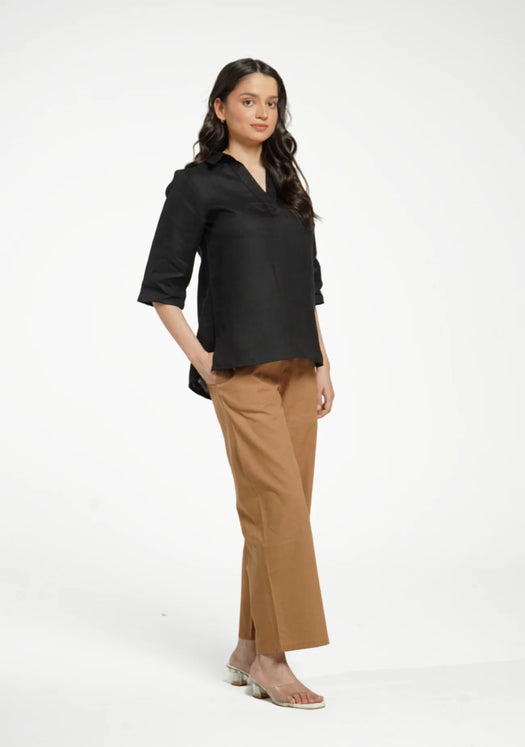 Women Black Pure Linen Collared Shirt Top