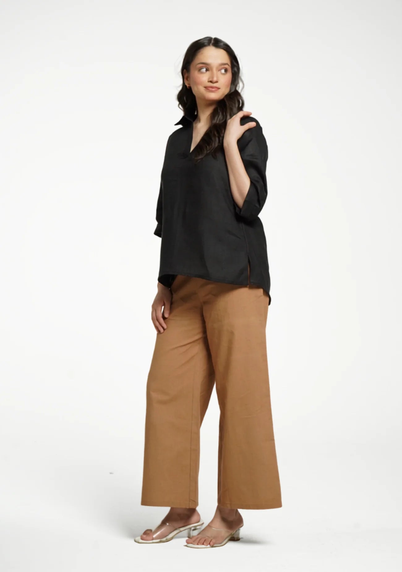 Women Black Pure Linen Collared Shirt Top