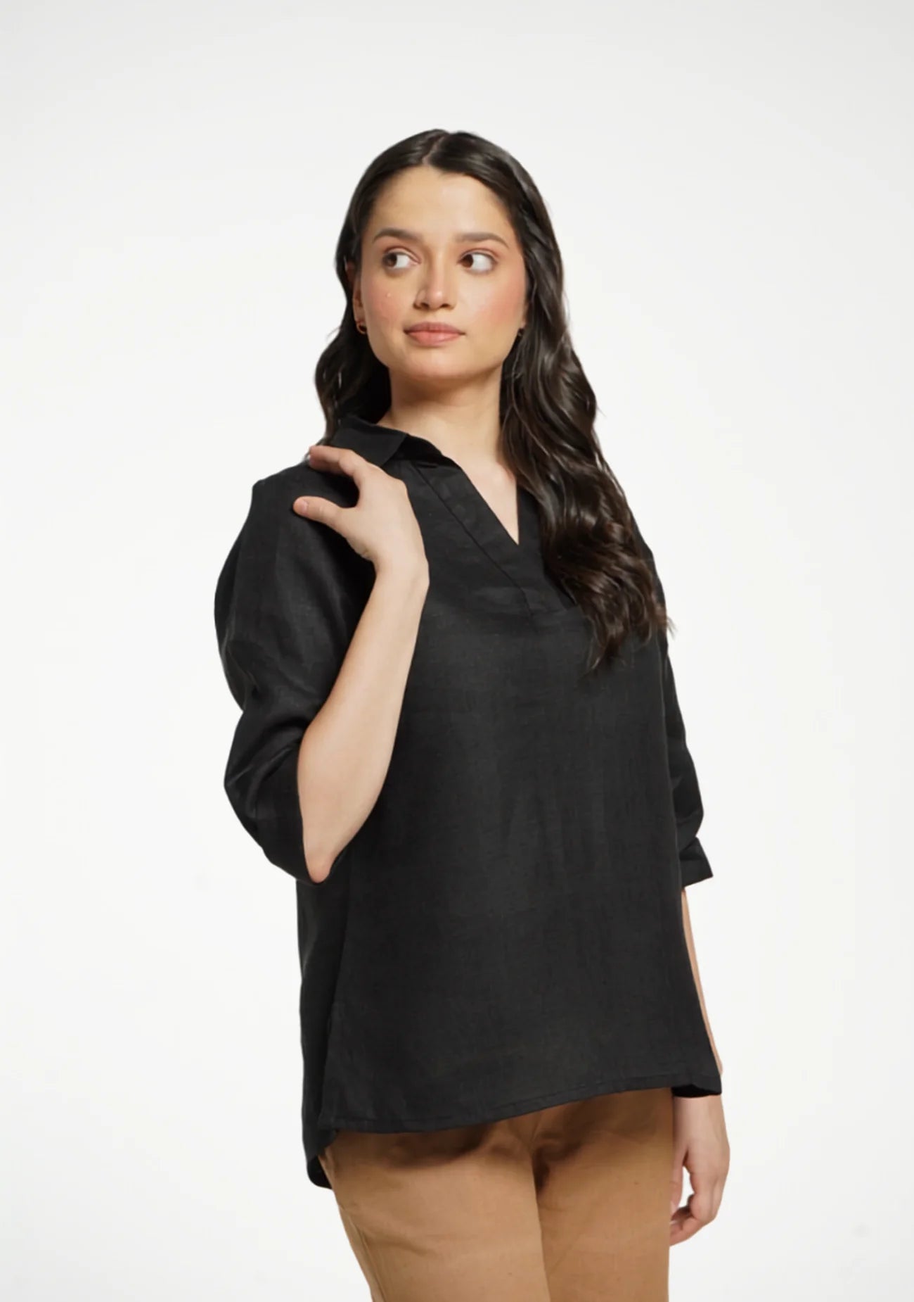 Women Black Pure Linen Collared Shirt Top