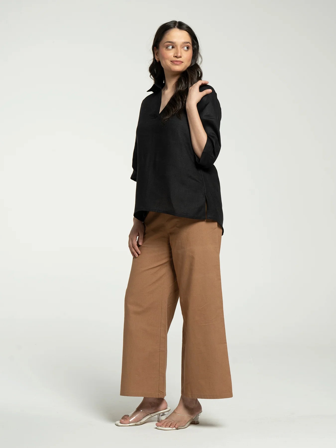 Women Black Pure Linen Collared Shirt Top