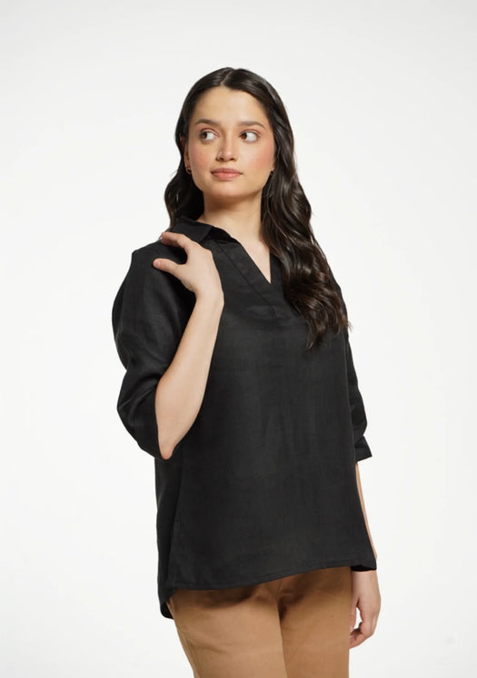 Women Black Pure Linen Collared Shirt Top