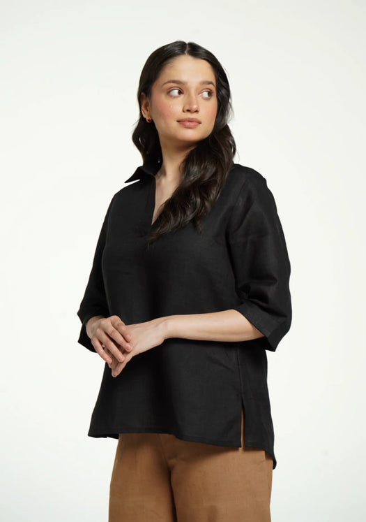 Women Black Pure Linen Collared Shirt Top