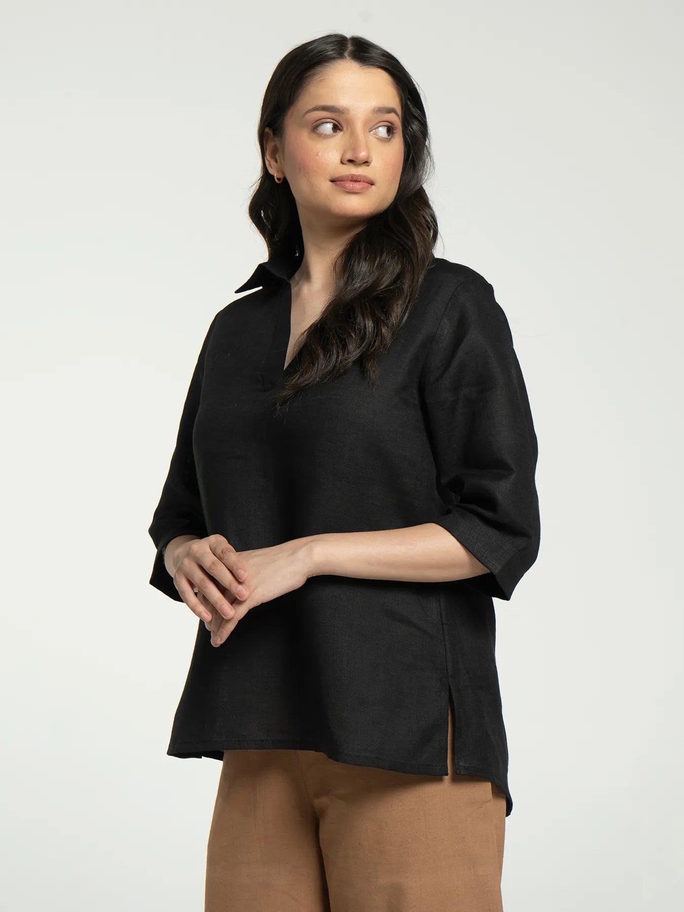 Women Black Pure Linen Collared Shirt Top