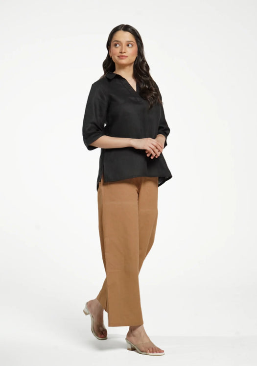 Women Black Pure Linen Collared Shirt Top