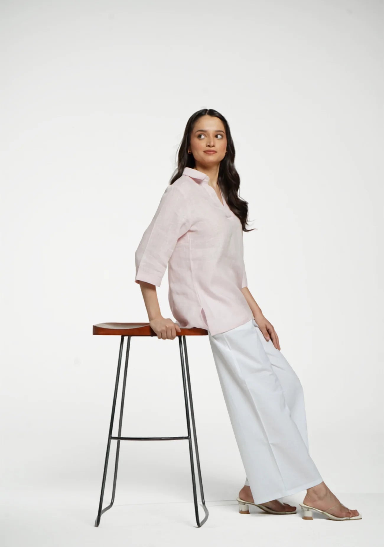 Women Blush Pink Pure Linen Collared Shirt Top