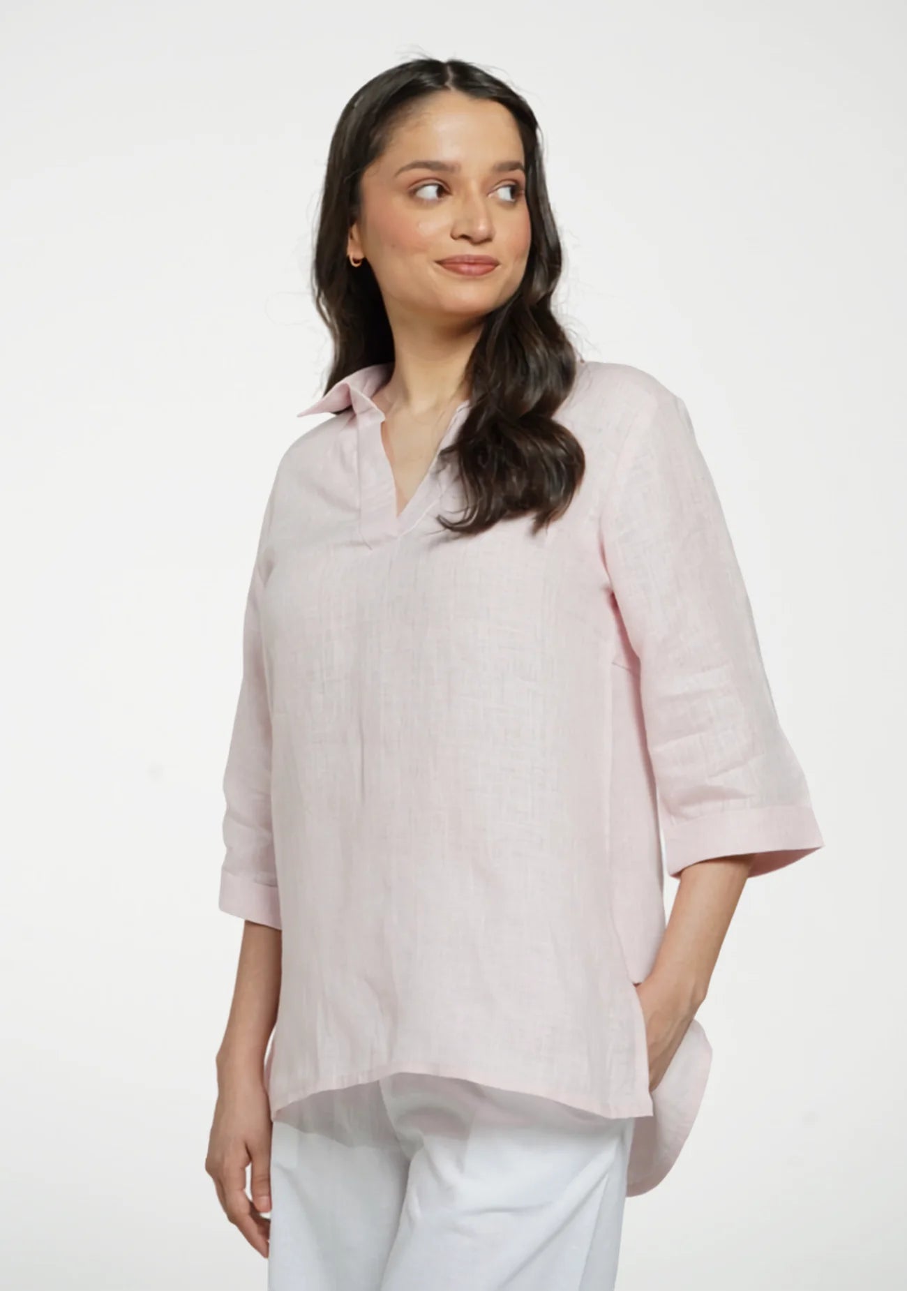 Women Blush Pink Pure Linen Collared Shirt Top