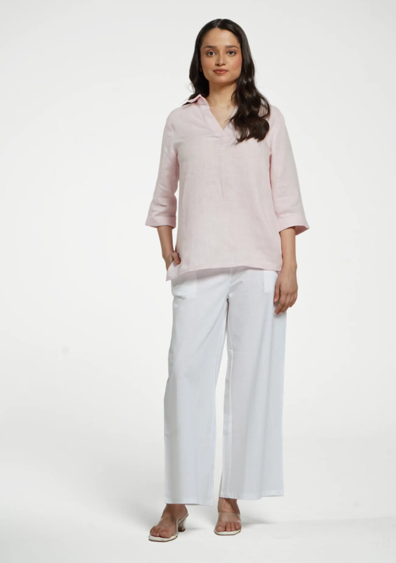 Women Blush Pink Pure Linen Collared Shirt Top