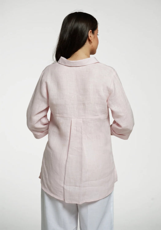 Women Blush Pink Pure Linen Collared Shirt Top