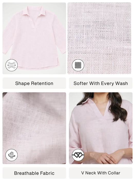 Women Blush Pink Pure Linen Collared Shirt Top