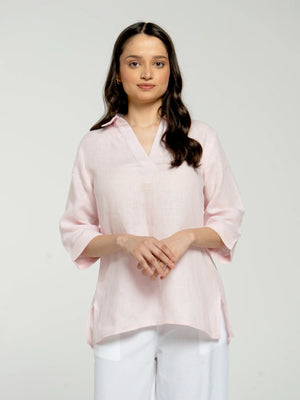 Women Blush Pink Pure Linen Collared Shirt Top