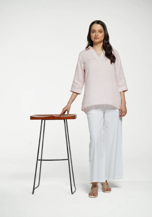 Women Blush Pink Pure Linen Collared Shirt Top