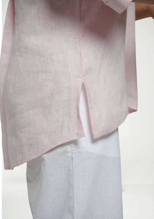 Women Blush Pink Pure Linen Collared Shirt Top