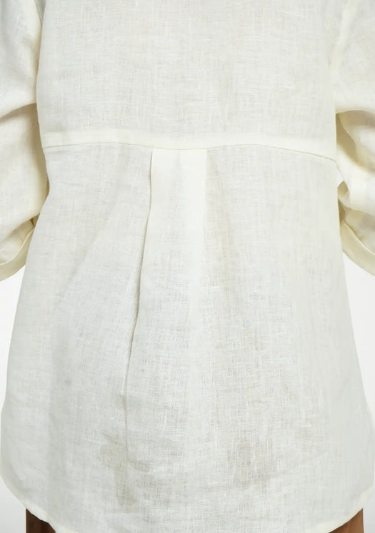 Women Cream Pure Linen Collared Shirt Top