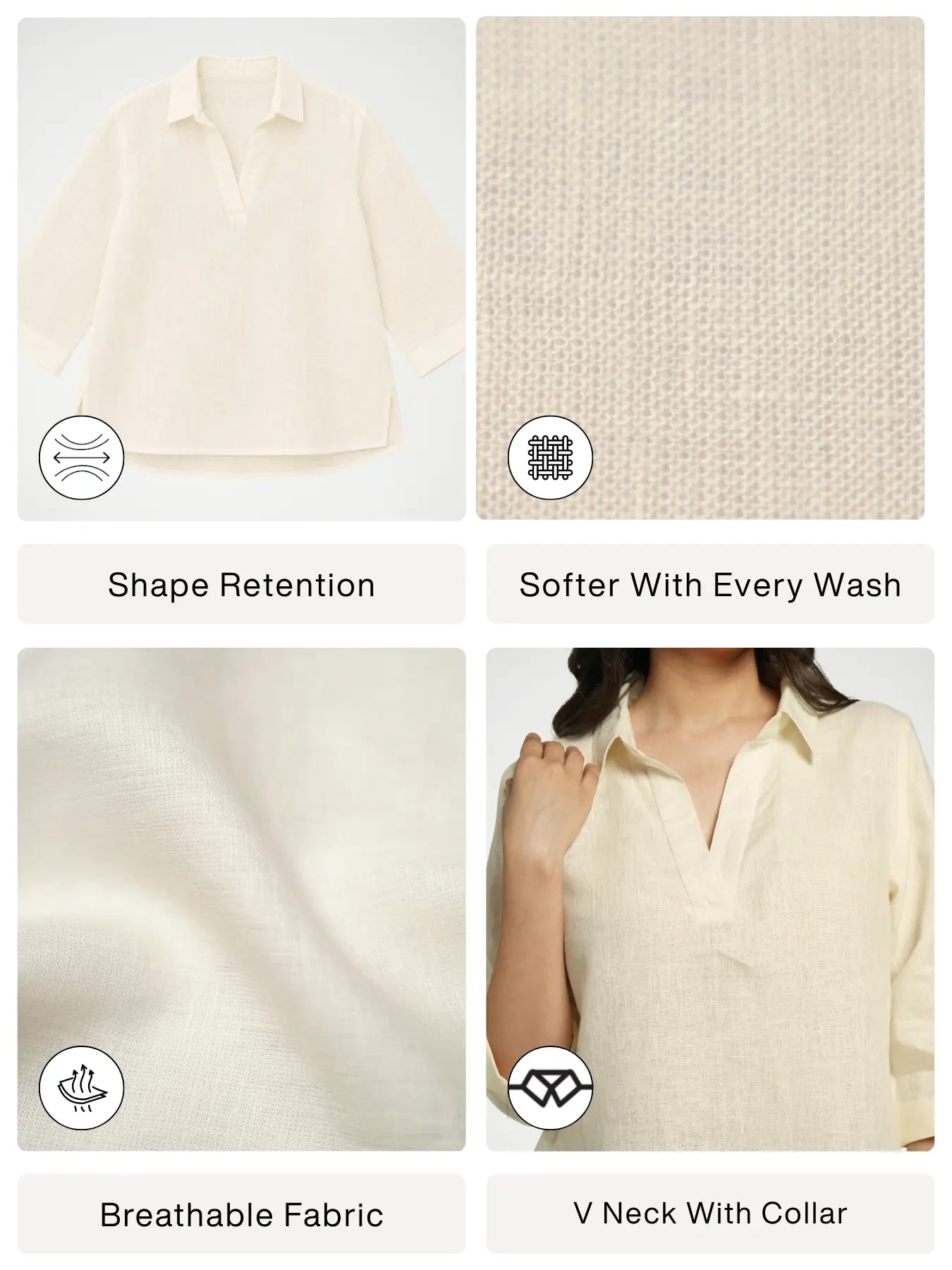 Women Cream Pure Linen Collared Shirt Top