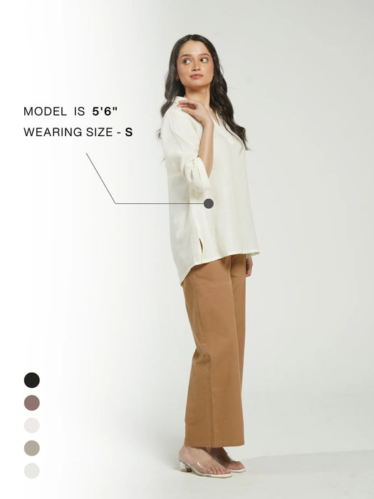 Women Cream Pure Linen Collared Shirt Top