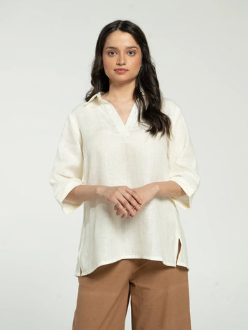 Pure Linen Collared Shirt Top