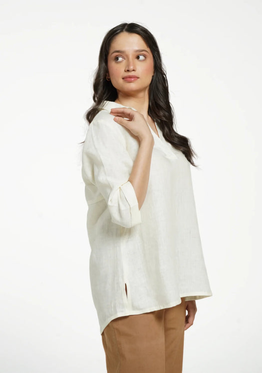 Women Cream Pure Linen Collared Shirt Top