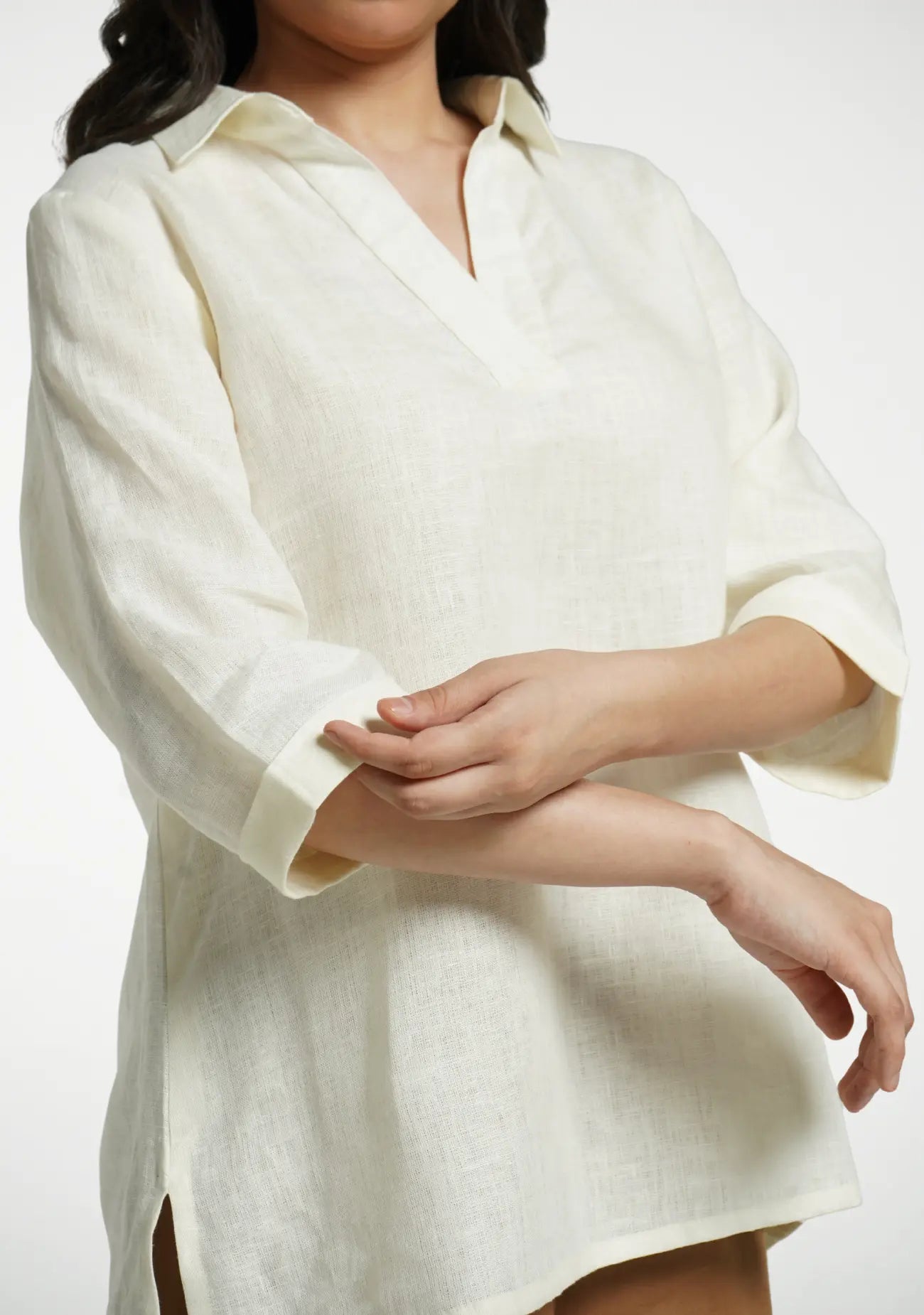 Women Cream Pure Linen Collared Shirt Top