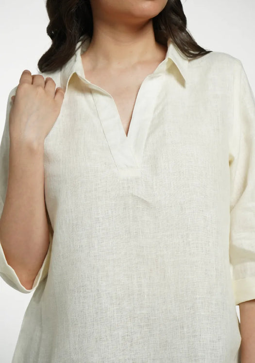 Women Cream Pure Linen Collared Shirt Top