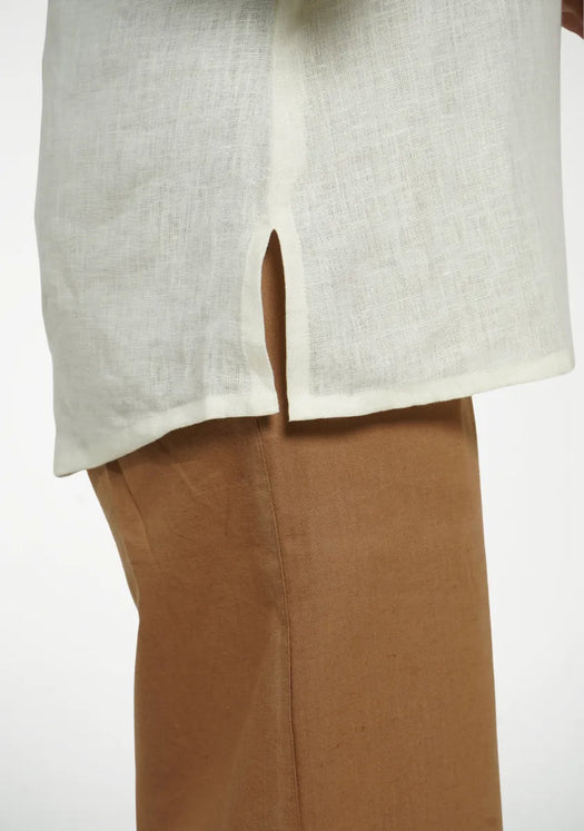 Women Cream Pure Linen Collared Shirt Top