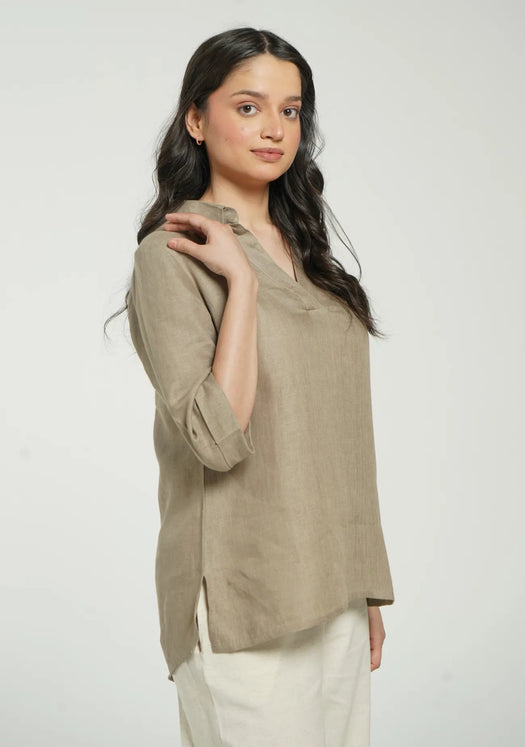 Women Khakhi Pure Linen Collared Shirt Top