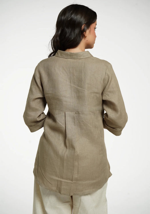 Women Khakhi Pure Linen Collared Shirt Top