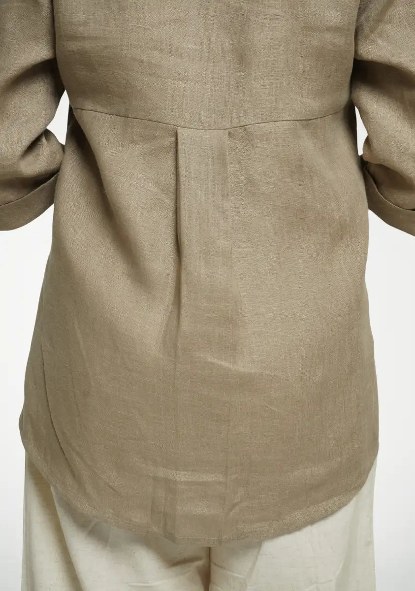 Women Khakhi Pure Linen Collared Shirt Top