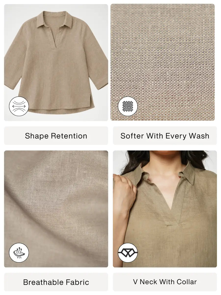 Women Khakhi Pure Linen Collared Shirt Top