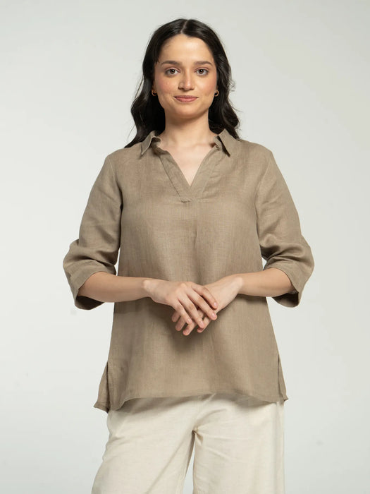 Women Khakhi Pure Linen Collared Shirt Top