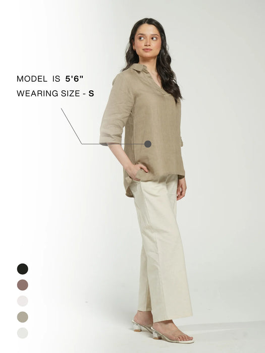 Women Khakhi Pure Linen Collared Shirt Top