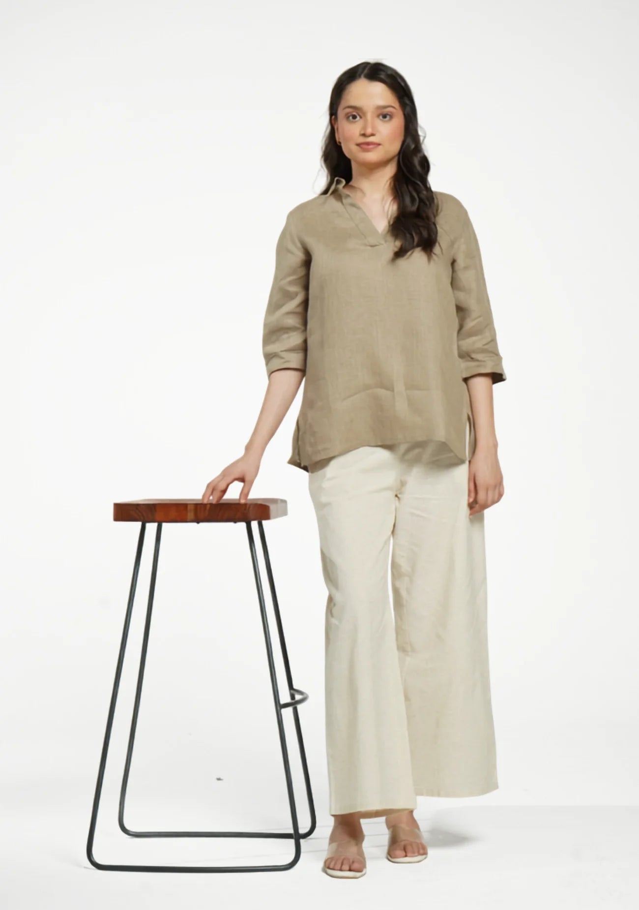 Women Khakhi Pure Linen Collared Shirt Top