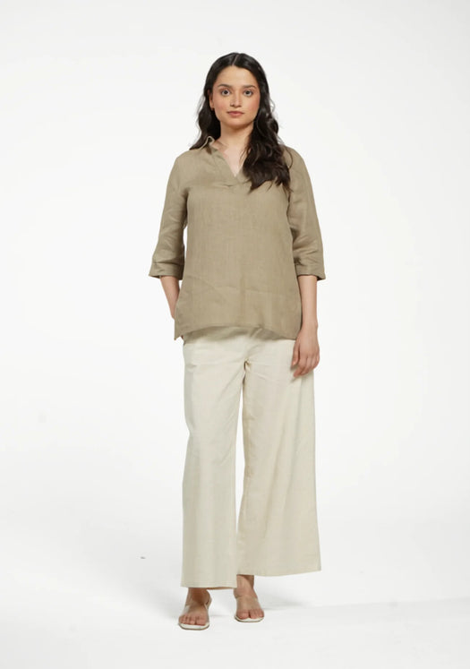 Women Khakhi Pure Linen Collared Shirt Top