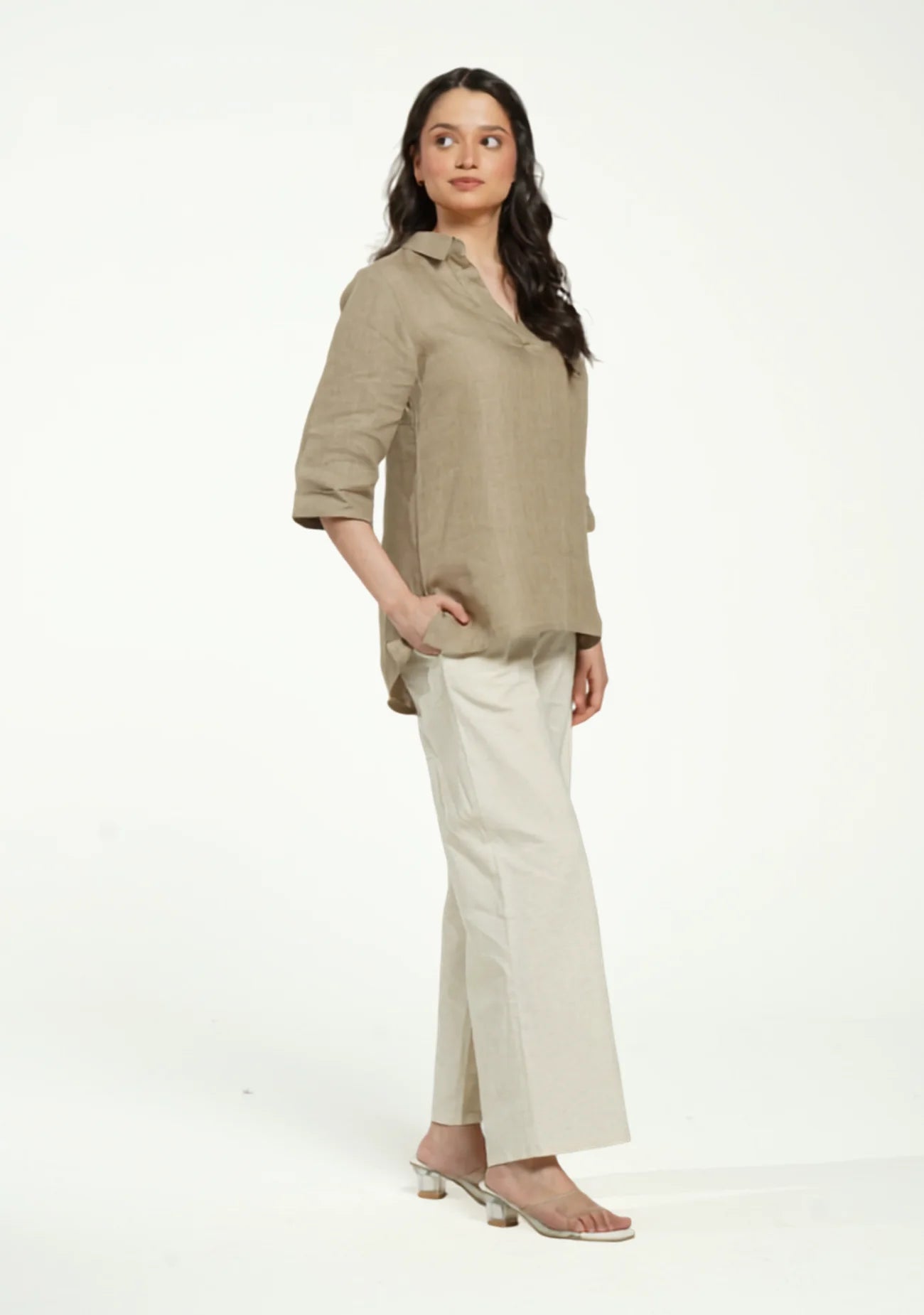 Women Khakhi Pure Linen Collared Shirt Top