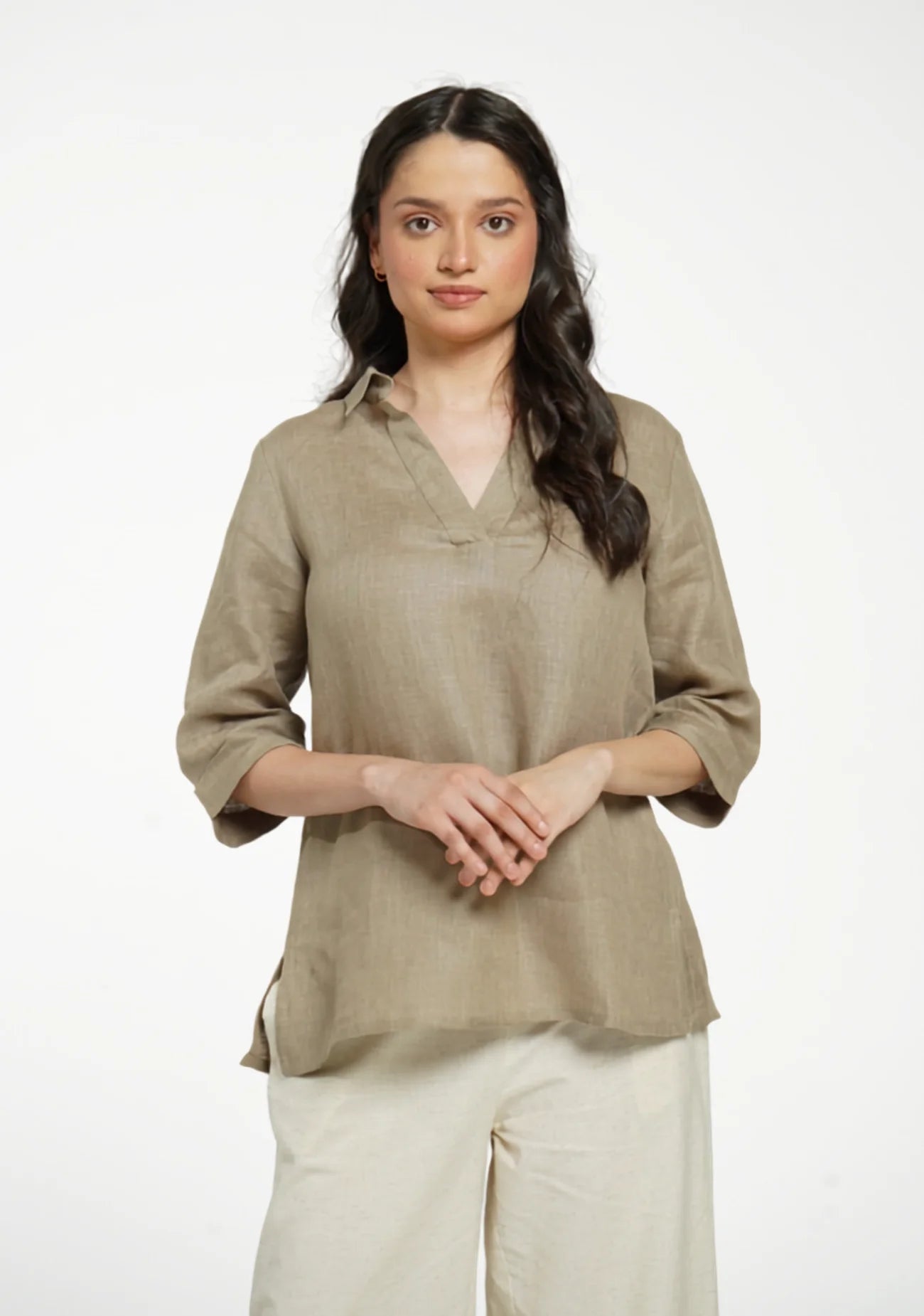 Women Khakhi Pure Linen Collared Shirt Top