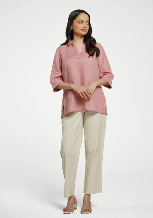 Women Rose Taupe Pure Linen Collared Shirt Top