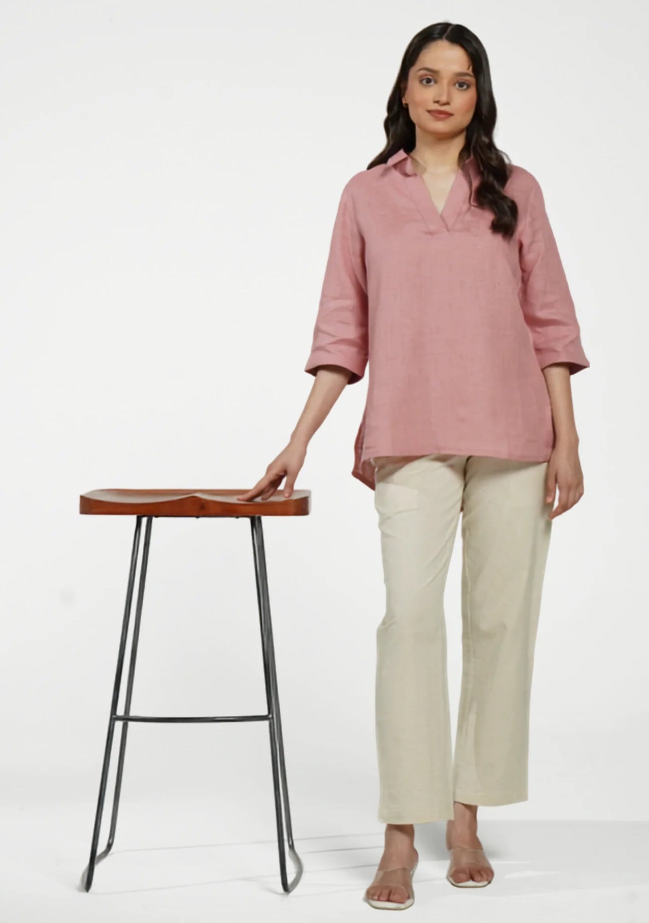 Women Rose Taupe Pure Linen Collared Shirt Top