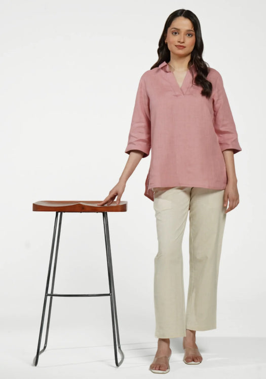 Women Rose Taupe Pure Linen Collared Shirt Top