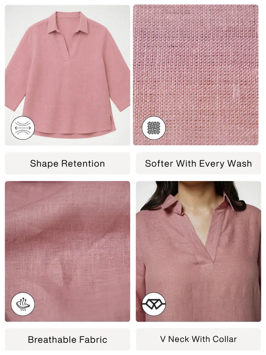 Women Rose Taupe Pure Linen Collared Shirt Top